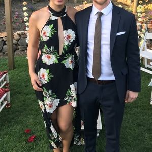 Halter neck high low black floral dress